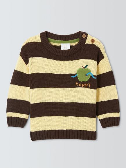 John Lewis Baby Striped Apple Jumper, Yellow/Brown, Yellow/Brown