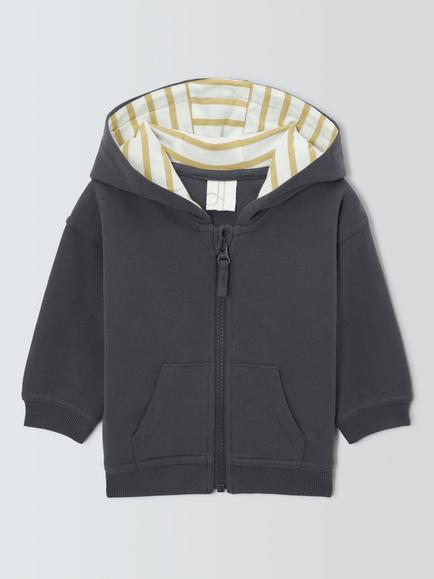 John Lewis Baby Stripe Lining Hoodie, Grey, Grey