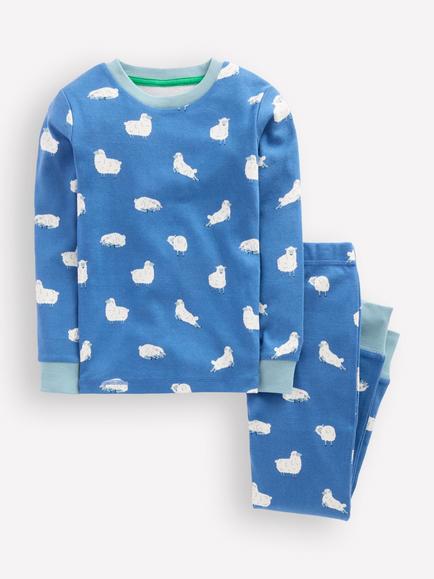 Mini Boden Kids' Cotton Long John Pyjama Set, Bluejay Sheep, Bluejay Sheep