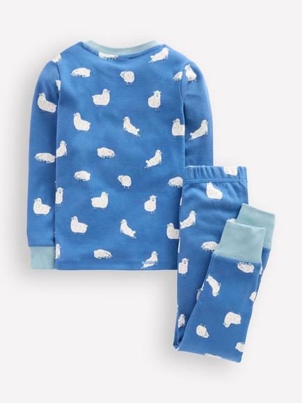 Mini Boden Kids' Cotton Long John Pyjama Set, Bluejay Sheep - view 2, Bluejay Sheep