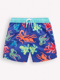 Mini Boden Kids' Printed Swim Shorts, Blue Octopus, Blue Octopus