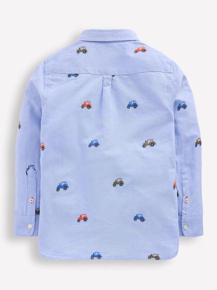 Mini Boden Kids' Embroidered Shirt, Oxford Tractors - view 2, Oxford Tractors