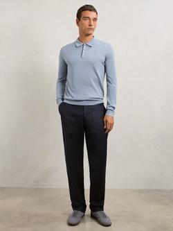 Reiss Trafford Knitted Wool Long Sleeve Polo Top, Steel Blue