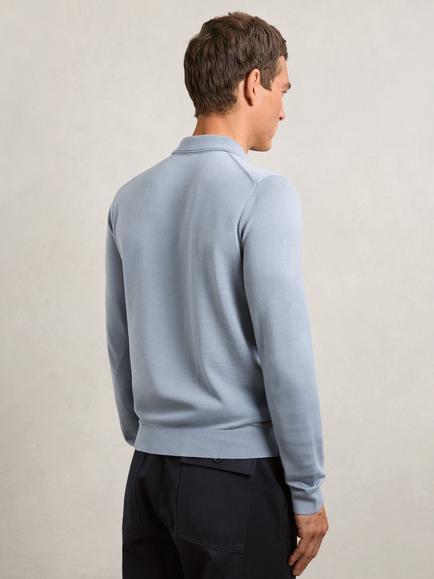 Reiss Trafford Knitted Wool Long Sleeve Polo Top - view 2, Steel Blue
