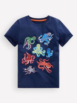 Mini Boden Kids' Cotton Glow In The Dark T-Shirt, Blue Octopus, Blue Octopus