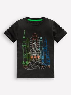 Mini Boden Kids' Cotton Linear Stitch T-Shirt, Shadow Grey Rocket, Shadow Grey Rocket