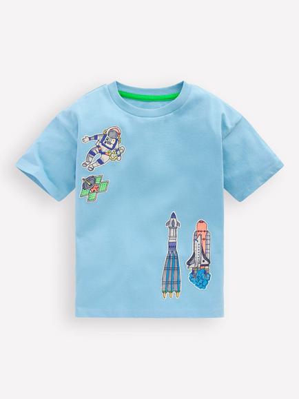 Mini Boden Kids' Cotton Space Patch Short Sleeve T-Shirt, Glacier Lake, Glacier Lake
