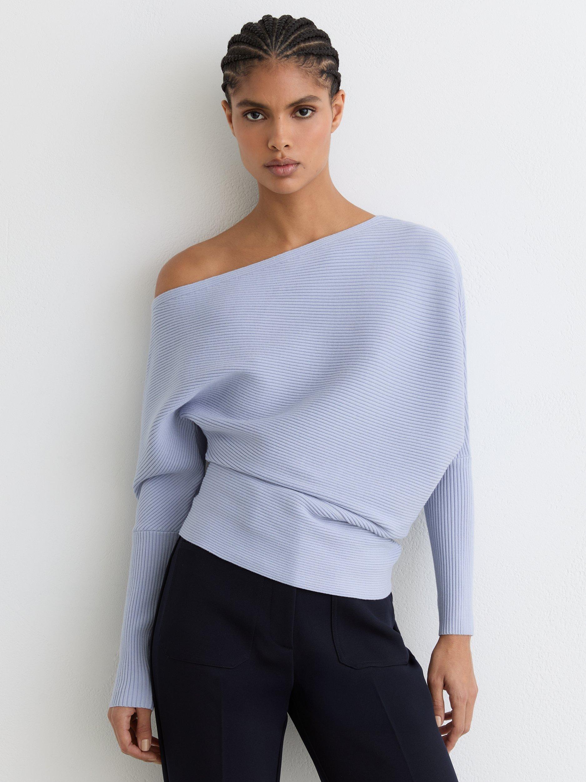 Product image 1 of 5, which shows Reiss Lorna Drape Knit Top, Blue, XS