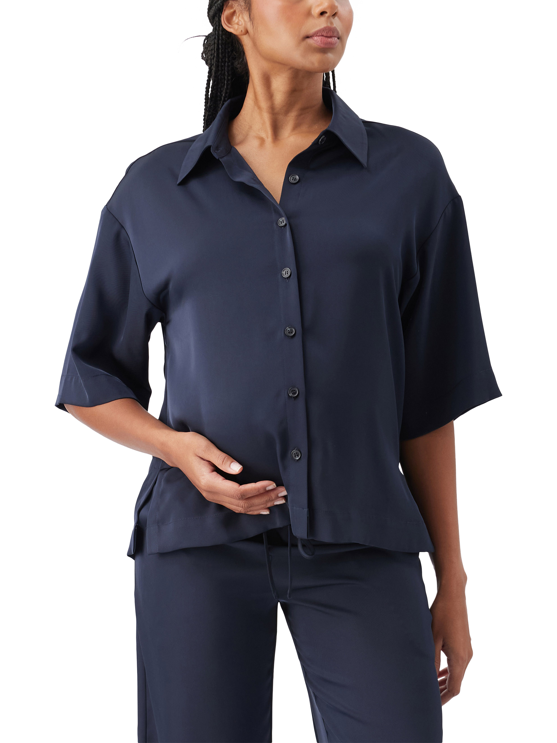 Product image 3 of 7, which shows Ripe Tamara Satin Maternity Shirt, Midnight, XS