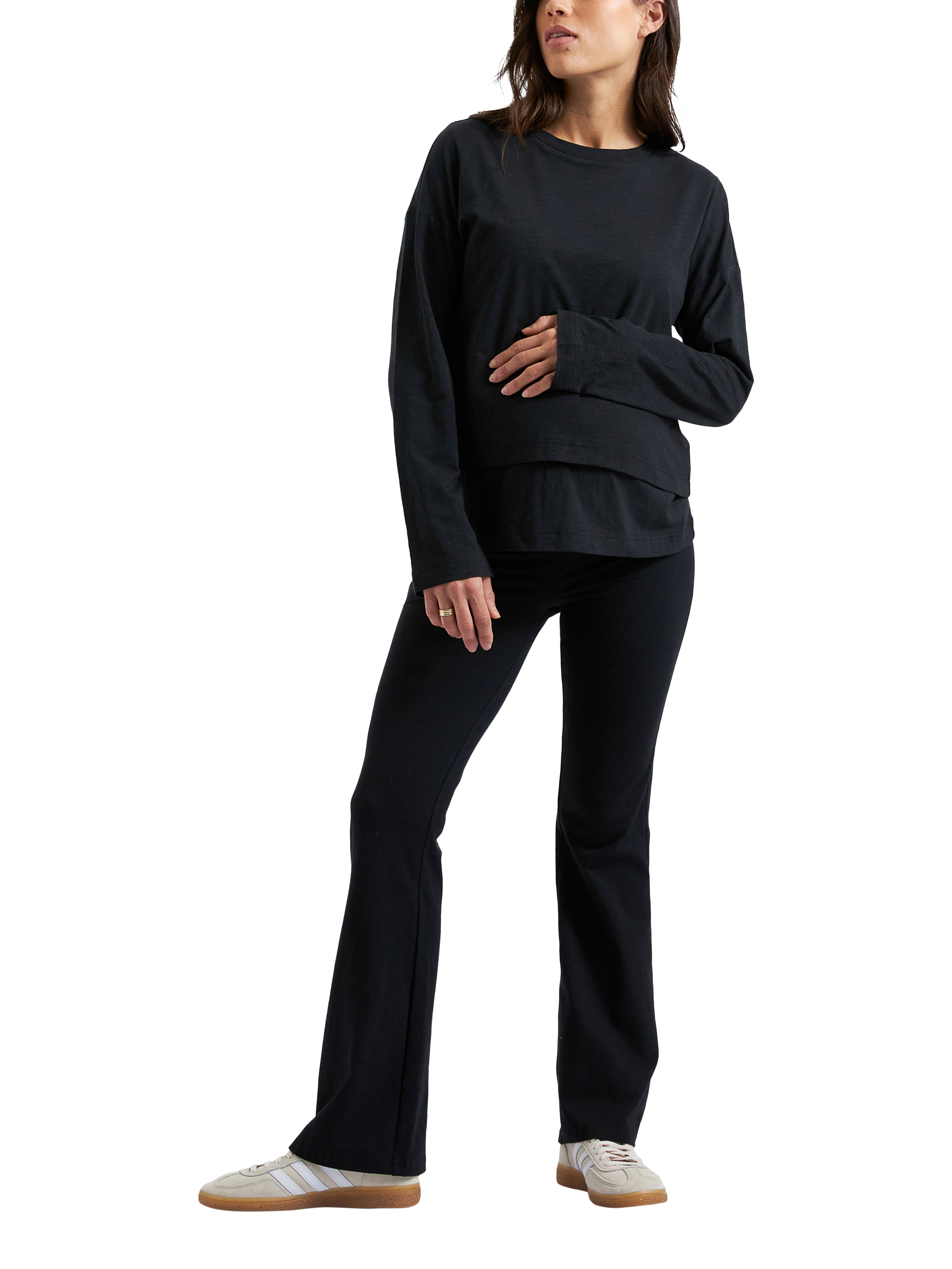 Product image 1 of 6, which shows Ripe Jersey Flared Maternity Trousers, Black, XS