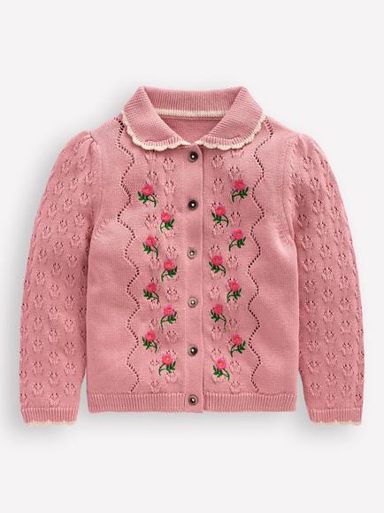 Mini Boden Kids' Collared Pointelle Cardigan, Vintage Pink, Vintage Pink