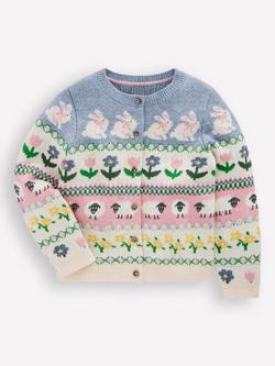Mini Boden Kids' Edie Fairisle Cardigan, Blue Bunny Fair Isle, Blue Bunny Fair Isle