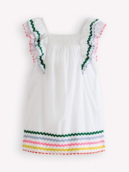 Mini Boden Kids' Flutter Sleeve Ric Rac Top, Soft Ivory, Soft Ivory