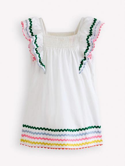 Mini Boden Kids' Flutter Sleeve Ric Rac Top, Soft Ivory - view 2, Soft Ivory