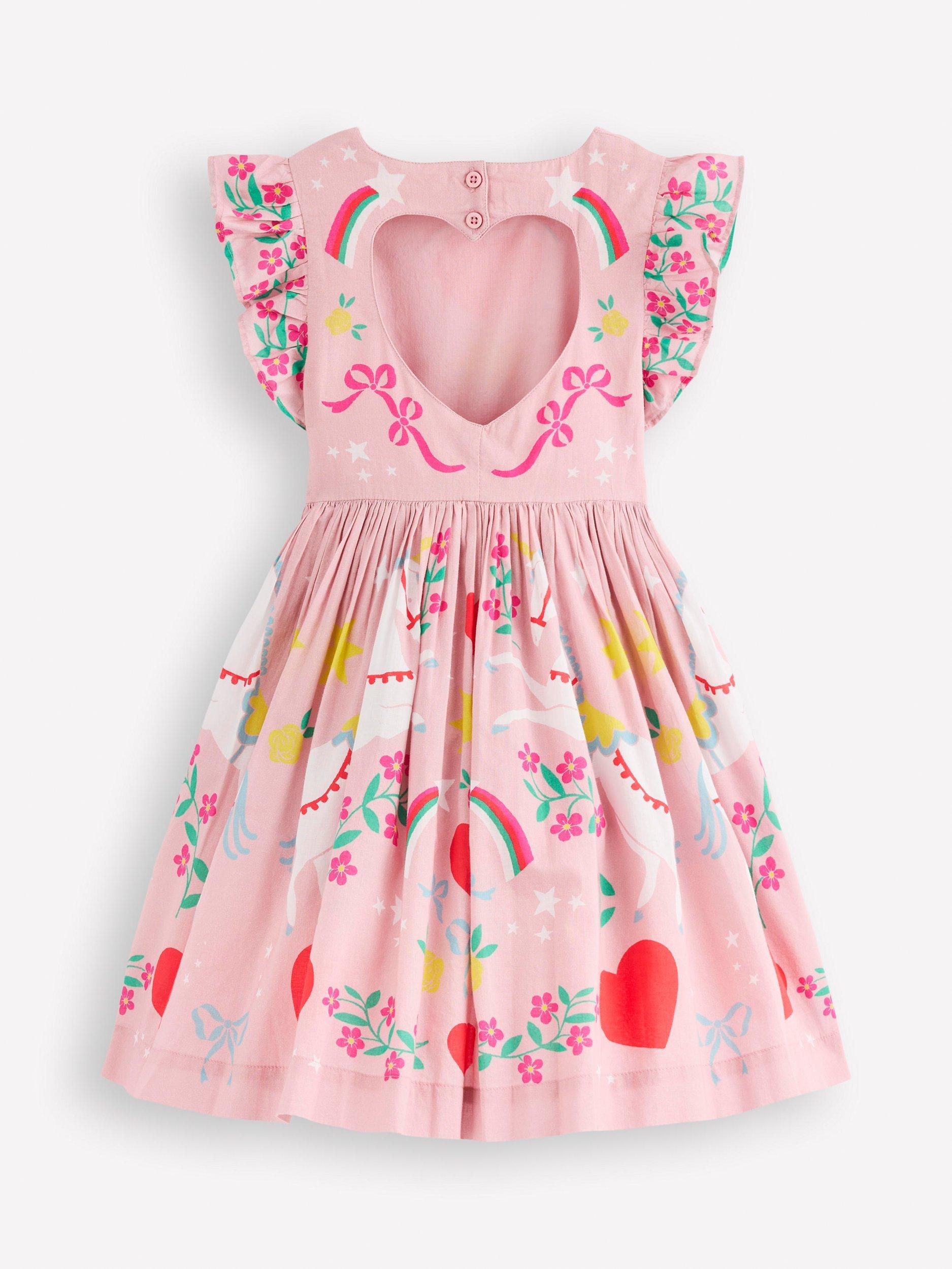 Mini Boden Kids' Ruffle Sleeve Printed Dress, Pink Unicorn