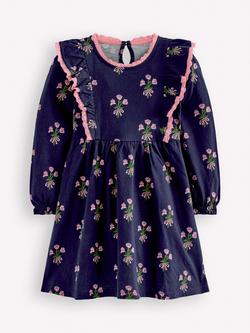 Mini Boden Kids' Cotton Long Sleeve Dress, College Navy Posy, College Navy Posy
