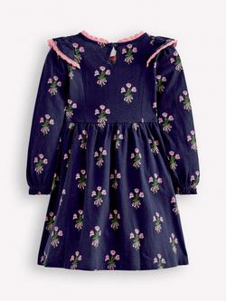 Mini Boden Kids' Cotton Long Sleeve Dress, College Navy Posy - view 2, College Navy Posy