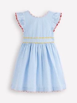 Mini Boden Kids' Cotton Ric-Rac Trim Short Sleeve Dress, Sapphire Blue Stripe, Sapphire Blue Stripe