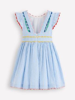 Mini Boden Kids' Cotton Ric-Rac Trim Short Sleeve Dress, Sapphire Blue Stripe - view 2, Sapphire Blue Stripe