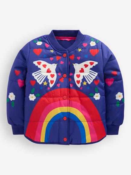 Mini Boden Kids' Fun Bomber Jacket, Navy Rainbow Print, Navy Rainbow Print