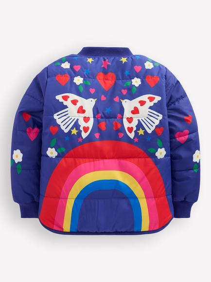 Mini Boden Kids' Fun Bomber Jacket, Navy Rainbow Print - view 2, Navy Rainbow Print