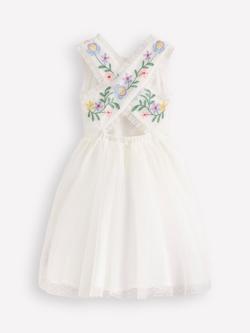 Mini Boden Kids' Tulle Embroidered Cross Back Party Dress, Soft Ivory - view 2, Soft Ivory