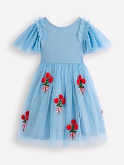 Mini Boden Kids' Rose Tulle Short Sleeve Party Dress, Glacier Blue Roses, Glacier Blue Roses