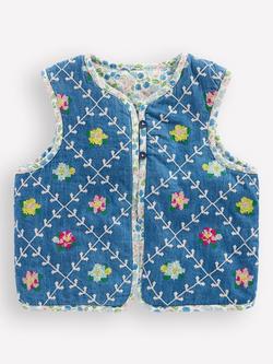 Mini Boden Kids' Reversible Floral Quilted Gilet, Embroidered Denim, Embroidered Denim