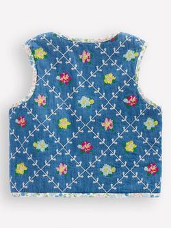 Mini Boden Kids' Reversible Floral Quilted Gilet, Embroidered Denim - view 2, Embroidered Denim