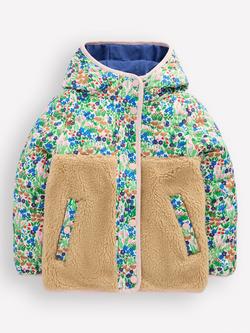 Mini Boden Kids' Janie Borg Panel Zipped Jacket, Blue Flowerbed, Blue Flowerbed