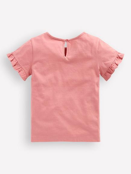 Mini Boden Kids' Cotton Embroidered Frill Sleeve T-Shirt, Pink Equestrian - view 2, Pink Equestrian