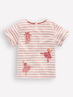 Mini Boden Kids' Cotton Frill Sleeve Stripe T-Shirt, Pink Ballerinas, Pink Ballerinas