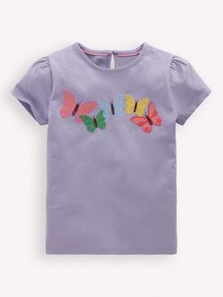 Mini Boden Kids' Embroidered Puff Sleeve T-Shirt, Purple Butterflies, Purple Butterflies