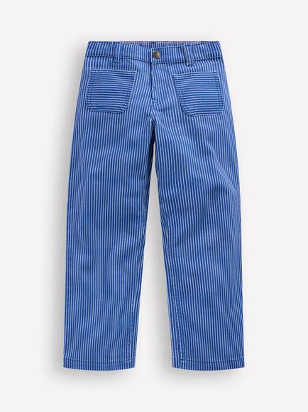 Mini Boden Kids' Patch Pocket Wide Leg Jeans, Blue & Ivory Stripe, Blue & Ivory Stripe