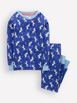 Mini Boden Kids' Cotton Glow-In--the-Dark Snug Pyjama Set, Blue Unicorns, Blue Unicorns