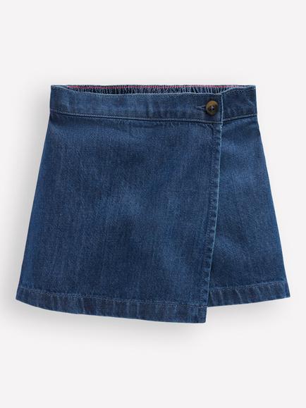 Mini Boden Kids' Wrap Woven Denim Skort, Mid Vintage, Mid Vintage