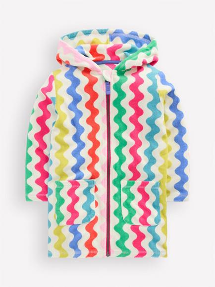 Mini Boden Kids' Romie Towelling Hoodie, Multi Rainbow Wave, Multi Rainbow Wave