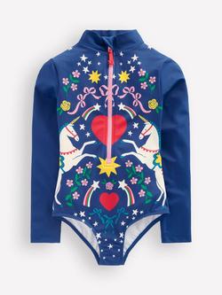 Mini Boden Kids' Fun Long Sleeve Swimsuit, Sapphire Unicorn, Sapphire Unicorn