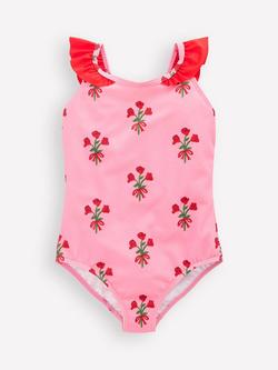 Mini Boden Kids' Hallie Frill Strap Floral Print Swimsuit, Bubblegum Pink Posy, Bubblegum Pink Posy