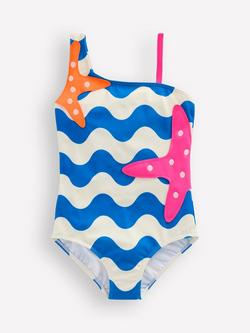 Mini Boden Kids' One Shoulder Printed Swimsuit, Blue Wave Starfish, Blue Wave Starfish