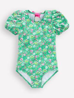 Mini Boden Kids' Puff Sleeve Floral Swimsuit, Aquamarine Butterfly, Aquamarine Butterfly