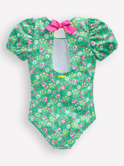 Mini Boden Kids' Puff Sleeve Floral Swimsuit, Aquamarine Butterfly - view 2, Aquamarine Butterfly