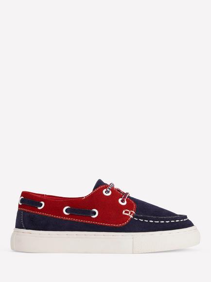 Mini Boden Kids' Suede Boat Shoes, Blue/Red, Blue/Red