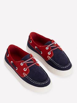 Mini Boden Kids' Suede Boat Shoes, Blue/Red - view 2, Blue/Red