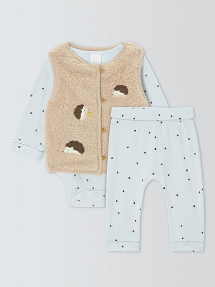 John Lewis Baby Hedgehog Bodysuit, Leggings & Gilet Set, Brown Multi, Brown Multi