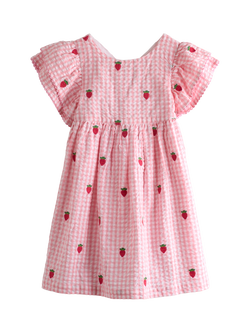 JoJo Maman Bébé Baby Embroidered Strawberry Frill Shoulder Dress, Mid Pink, Mid Pink