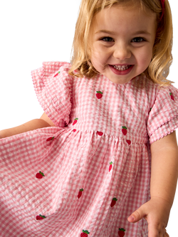 JoJo Maman Bébé Baby Embroidered Strawberry Frill Shoulder Dress, Mid Pink - view 2, Mid Pink