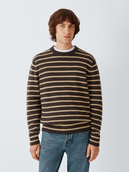 John Lewis Crew Neck Stripe Merino Wool Cashmere Blend Jumper, Choc/Oat, Choc/Oat