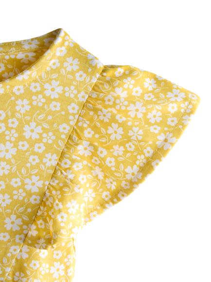 JoJo Maman Bébé Kids' Short Sleeve Ditsy Floral Dress, Bright Yellow - view 2, Bright Yellow