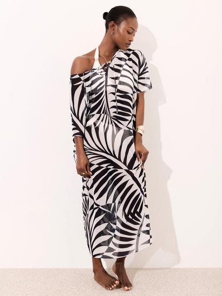 Mint Velvet Leaf Print Beach Kaftan, Blue Navy - view 2, Blue Navy